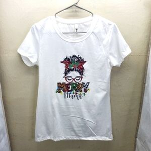 Merry Mama Christmas Short Sleeve T Shirt Women's Size Large NEW White